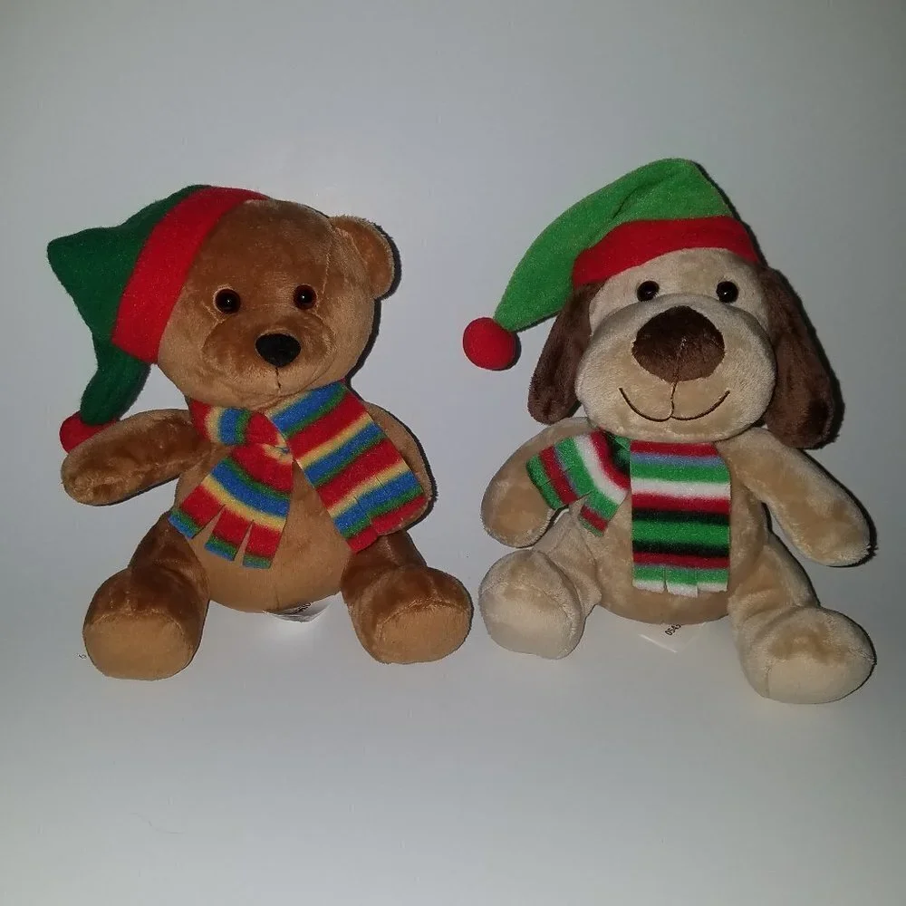 2 Caltoy Christmas Plush Lot Puppy Dog Teddy Bear Stuffed Toys Scarf Santa Hat